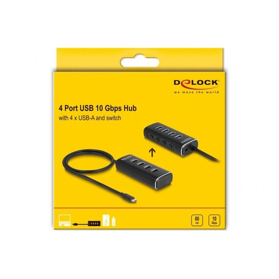 DeLOCK 4 Port USB 10 Gbps Hub mit USB Type-C Anschluss 60 cm Kabel und Schalter für jeden Port, 5 image