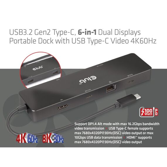 CLUB3D 6-in-1 USB3.2 Gen2 Typ-C Dual Displays Portable Dock mit USB Typ-C Video 4K60Hz, 6 image