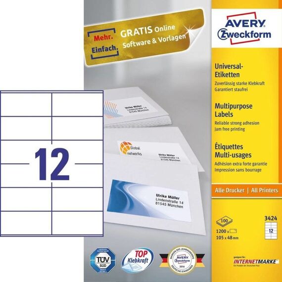 Avery 3424 selbstklebendes Etikett Rechteck Permanent Weiß 1200 Stück(e)