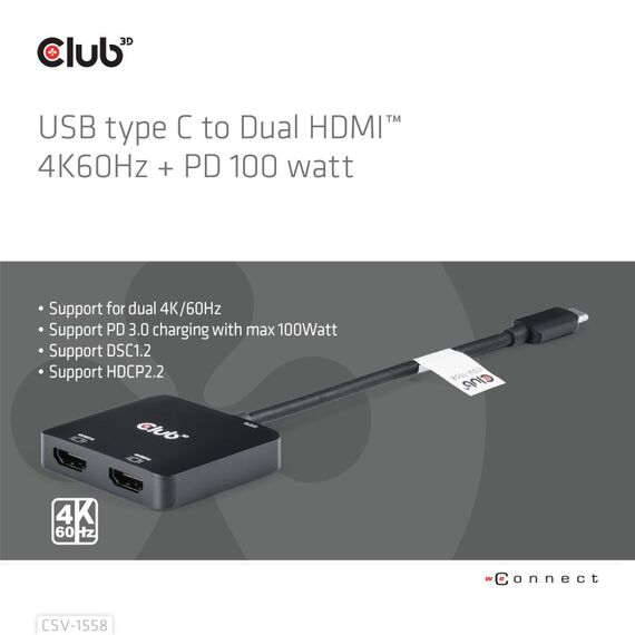 CLUB3D USB-C® Hub to Dual HDMI™ 4K60Hz M/F+PD3.0 100 Watt, 2 image