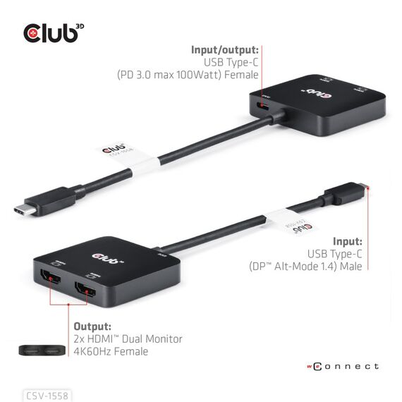 CLUB3D USB-C® Hub to Dual HDMI™ 4K60Hz M/F+PD3.0 100 Watt, 5 image