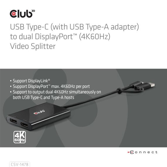 CLUB3D USB Type-C (with USB Type-A adapter) to dual DisplayPort™(4K60Hz) Video Splitter, 2 image