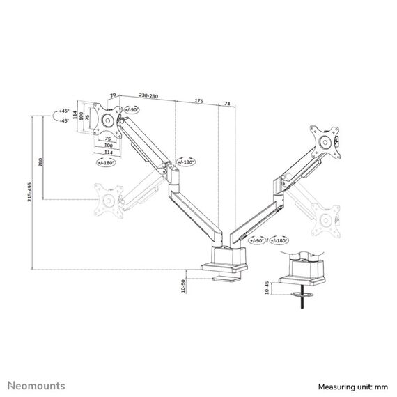 Neomounts DS70-250SL2 Monitorarm 17-32" - Gasfeder - Topfix - 180°-Stopp, 18 image