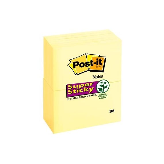 Post-It Super Sticky Notes, 3 in x 5 in, Canary Yellow, 12 Pads/Pack Klebezettel Gelb 90 Blätter Selbstklebend
