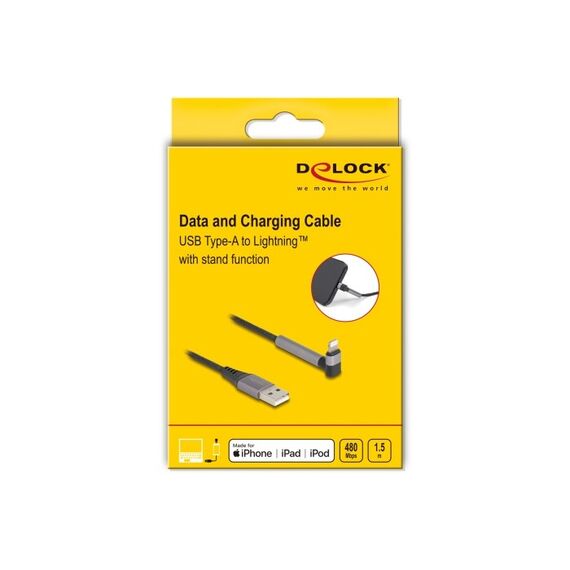DeLOCK Daten- und Ladekabel USB Typ-A zu Lightning für iPhone, iPad, iPod gewinkelt mit Ständerfunktion schwarz 1,5 m MFi, 3 image