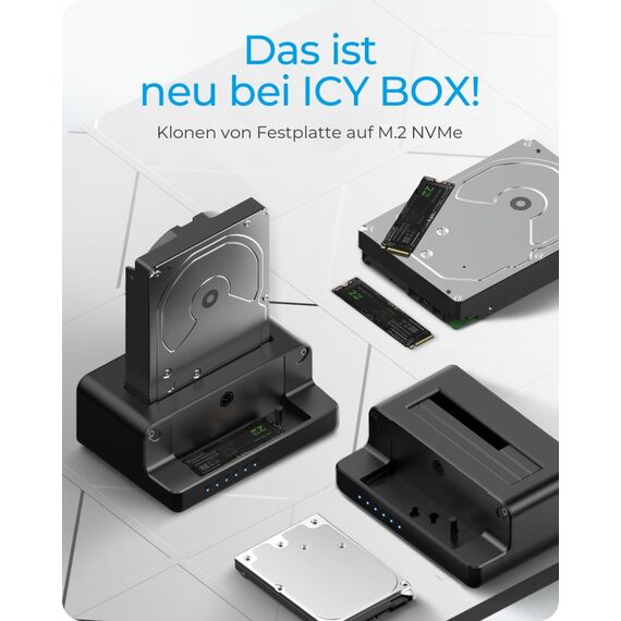 ICY BOX IB-2914MSCL-C31, Docking & CloneStation für M.2 NVMe SSD & 2.5”/3.5” SATA SSD/HDD, Zweiwege klonen, USB 3.2 Gen 2 Type-C®/Type-A, schwarz