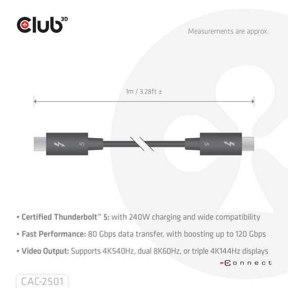 CLUB3D CAC-2501 Thunderbolt-Kabel 1 m 120 Gbit/s Schwarz, 4 image