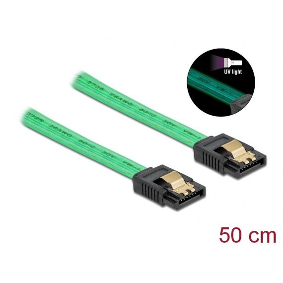 DeLOCK SATA 6 Gb/s Kabel UV Leuchteffekt grün 50 cm