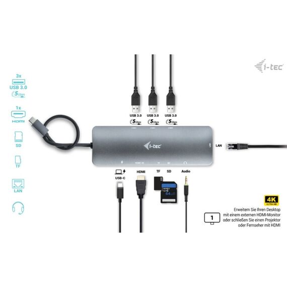 i-tec USB-C Metal Nano Docking Station 4K HDMI LAN with Power Delivery 100W + Universal Charger 100W, 9 image