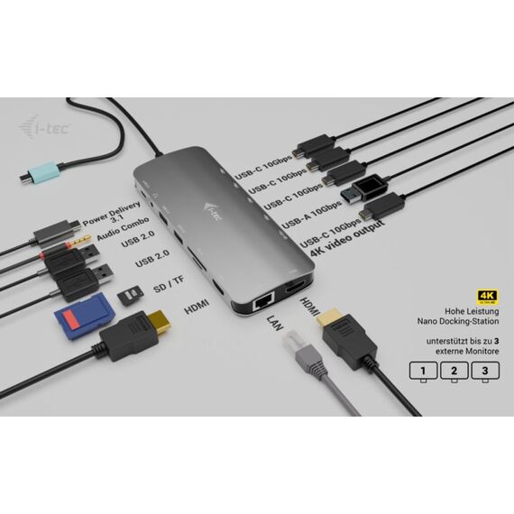 i-tec Metal USB-C Nano 3x Display Dock, 2x HDMI 1x USB-C video with Power Delivery 140W + Universal Charger 140 W, 9 image
