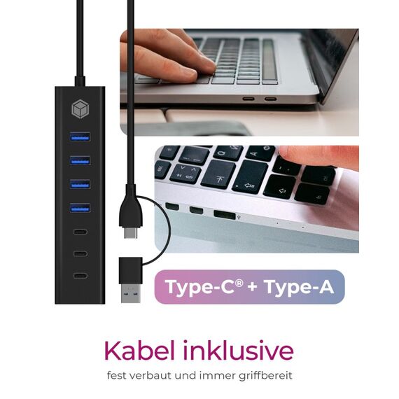 ICY BOX IB-HUB1737-C3, 7-Port USB 3.2 Gen 1 Hub, 3x USB Type-C®, 4x USB Type-A, Combo Hostanschluss, integriertes Kabel, Aluminium, black, 4 image