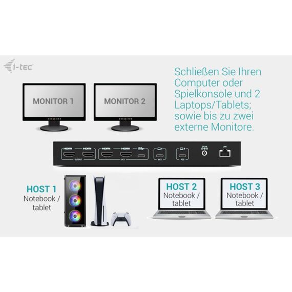 i-tec USB-C KVM Dock PRO for Three Hosts, Dual Video, with 2x Power Delivery, max 92W, 6 image