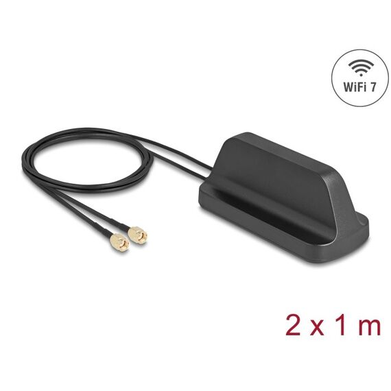 DeLOCK WiFi 7 Antenne 2 x RP-SMA Stecker 2,4 - 4,0 dBi omnidirektional mit magnetischem Standfuß und Anschlusskabel ULA100 1 m outdoor schwarz