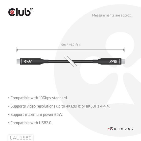 CLUB3D 15M Full-Feature USB-C® Cable / 49.21ft 8K60Hz 10Gbps 60W, 4 image