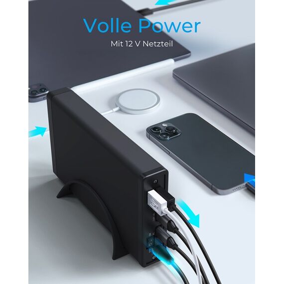 ICY BOX IB-382H-C31, USB 3.2 Gen 2 Gehäuse für 2,5'' od. 3,5'' SATA HDD/SSD, integrierter Hub 1x USB-C 2x USB-A, 10 Gbit/s, 12V 3A Netzteil, schwarz, 5 image