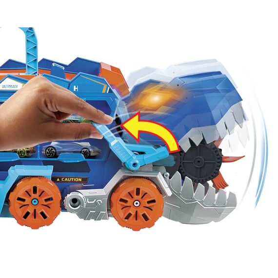 Hot Wheels City Der Ultimative Transporter verwandelt sich in einen T-Rex mit Rennstrecke, Aufbewahrung von mehr als 20 Autos, 3 image