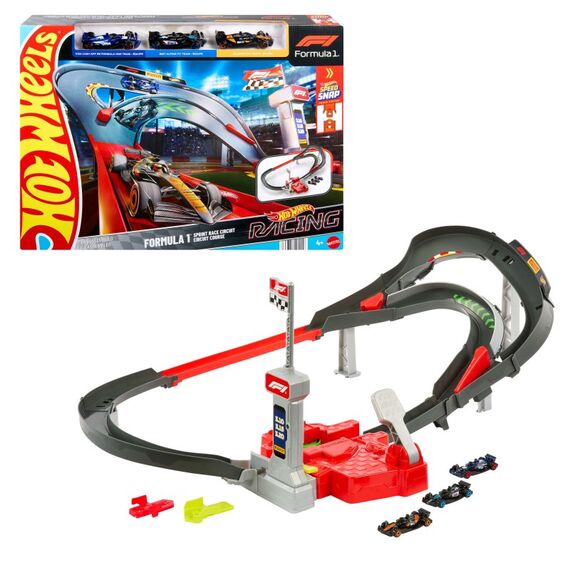 Hot Wheels Racing Formel 1 Rennstrecke-Trackset mit 3 Die-Cast Spielzeugautos im Maßstab 1:64