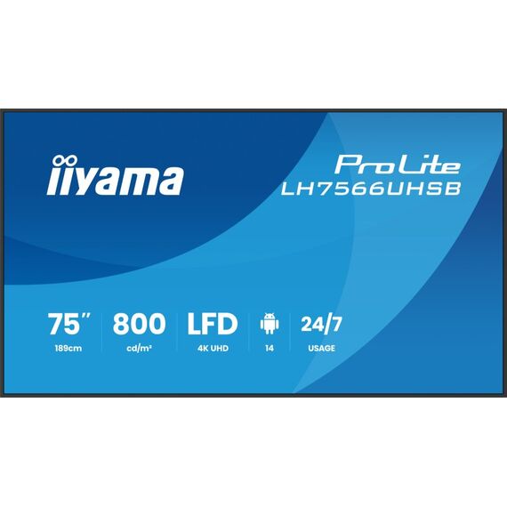iiyama LH7566UHSB-B1AG Signage-Display Digital Signage Flachbildschirm 190,5 cm (75") LCD WLAN 800 cd/m² 4K Ultra HD Schwarz Eingebauter Prozessor Android 24/7