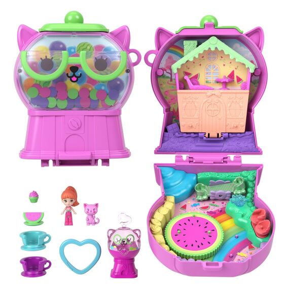 Polly Pocket Kaugummi-Kätzchen-Schatulle, Spielset mit 1 Mikropuppe und Haustier, Spielzeug für unterwegs mit Obst-Zubehörteilen und Fahrten