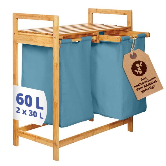 Lumaland 08445 Wäschekorb 60 l Rechteckig Bambus, Baumwolle, Polyester, Holz Bambus, Blau, Farbe: Bambus, Blau