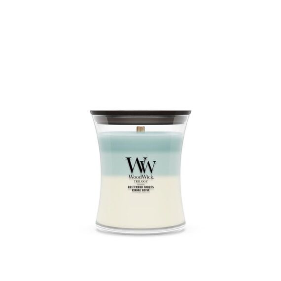 WoodWick Driftwood Shores Wachskerze Zylinder Holz Weiß, Blau 1 Stück(e), Farbe: Weiß, Blau