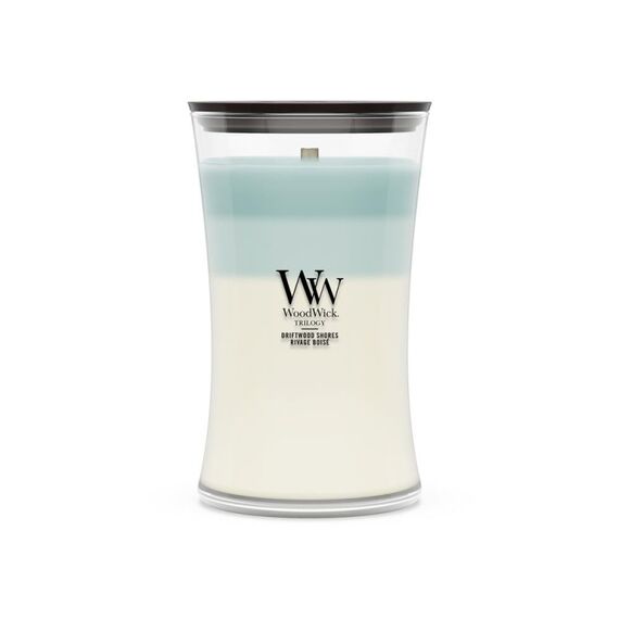 WoodWick Driftwood Shores Wachskerze Zylinder Marine Weiß, Blau 1 Stück(e), Farbe: Weiß, Blau