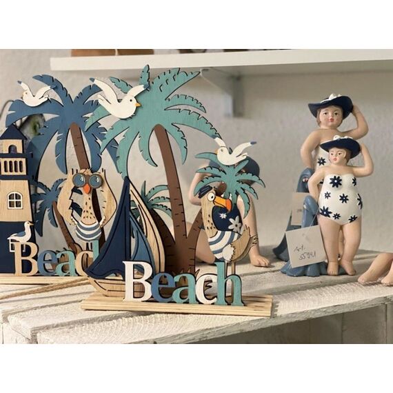dameco Deko Maritim Beach aus Holz mit Segelboot Farbe: Weiss/Blau L:16.5cm B:5cm H:23cm