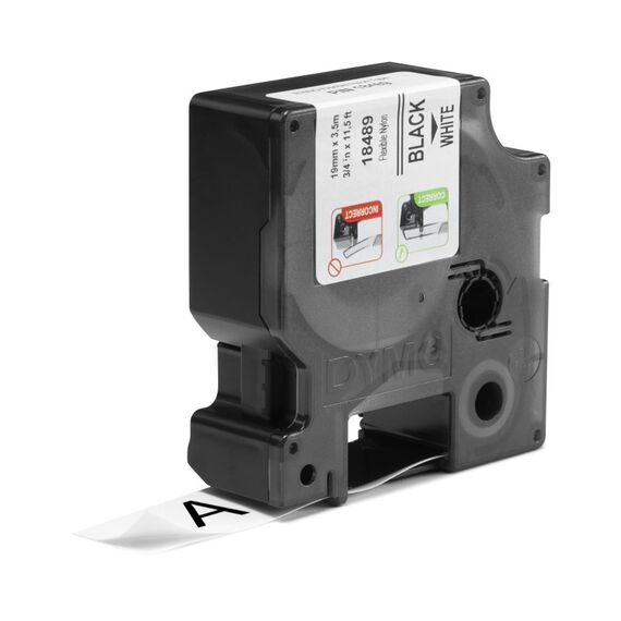 DYMO Rhino Industrie Nylonetiketten | flexibel | 19 mm x 3,5 m | schwarze Schrift auf weißem Untergrund | selbstklebendes Schriftband