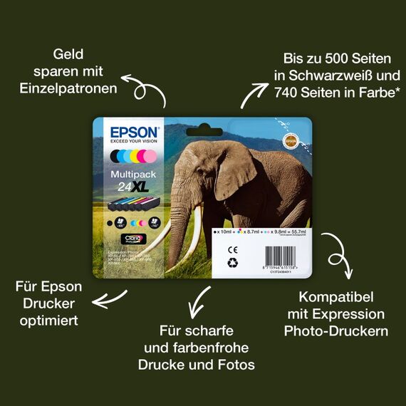 Epson Elephant 24 Elefant Claria Photo HD Single Cyan Tinte, 4 image