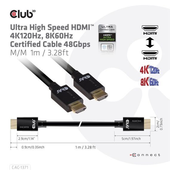 CLUB3D Ultra High Speed HDMI 4K120Hz, 8K60Hz Certified Cable 48Gbps M/M 1 m/3.28 ft, 3 image