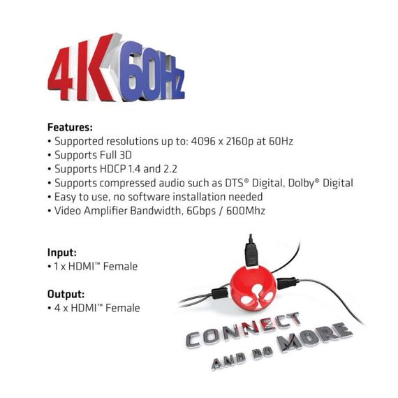 CLUB3D HDMI™ 4K@60Hz UHD Splitter AC Power 4 ports, 5 image