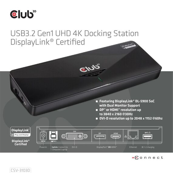 CLUB3D CSV-3103D The Club 3D Universal USB 3.1 Gen 1 UHD 4K Docking station DisplayLink™, 6 image