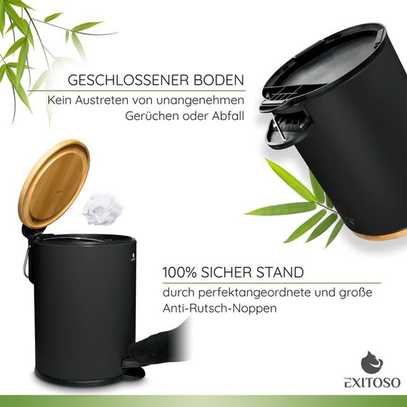 Exitoso 15794 Mülleimer 3 l Rund Edelstahl Bambus, Schwarz, 4 image