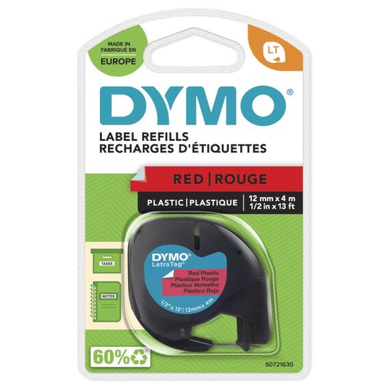 DYMO Original LetraTag Etikettenband | schwarz auf rot | 12 mm x 4 m | selbstklebendes Kunststoffetiketten | für LetraTag-Beschriftungsgerät