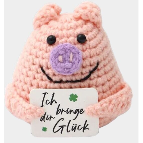 I am Creative Positive Pig, Gehäkeltes Mini Plüschtier / Glücksbringer, Rosa, 7 x 6 cm