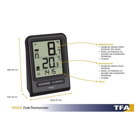 TFA-Dostmann PRISMA Elektronisches Umgebungsthermometer Drinnen/Draußen Schwarz, 4 image