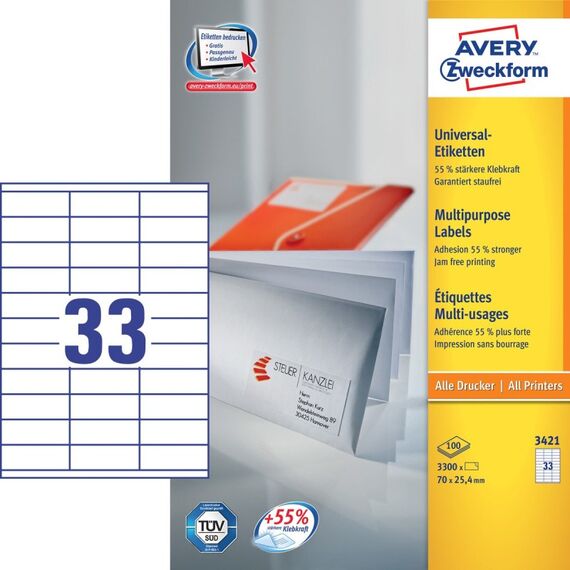 Avery Universal-Etiketten, weiß, 70 x 25,4 mm, permanent