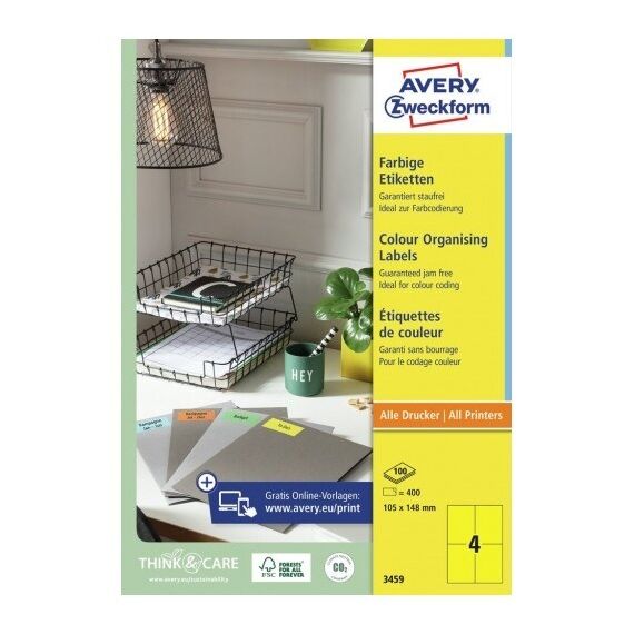 Avery 3459 selbstklebendes Etikett Rechteck Permanent Gelb 400 Stück(e)
