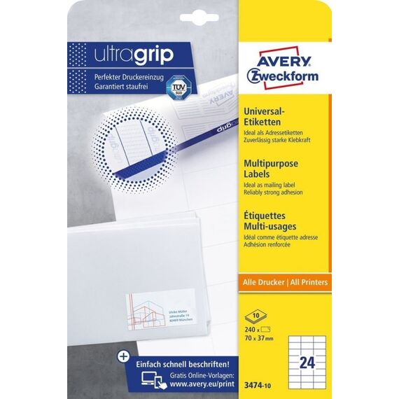 Avery 3474-10 selbstklebendes Etikett Rechteck Permanent Weiß 240 Stück(e)