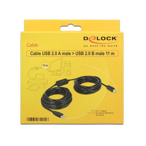 DeLOCK 11m, USB2.0-A - USB2.0-B USB Kabel USB A USB B 0,48 Gbit/s Schwarz, Länge: 11 m