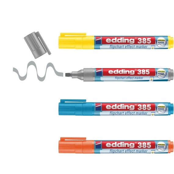 Edding 385 Flipchartmarker gelb, orange, hellblau, silbergrau, Pinselspitze 1-5 mm