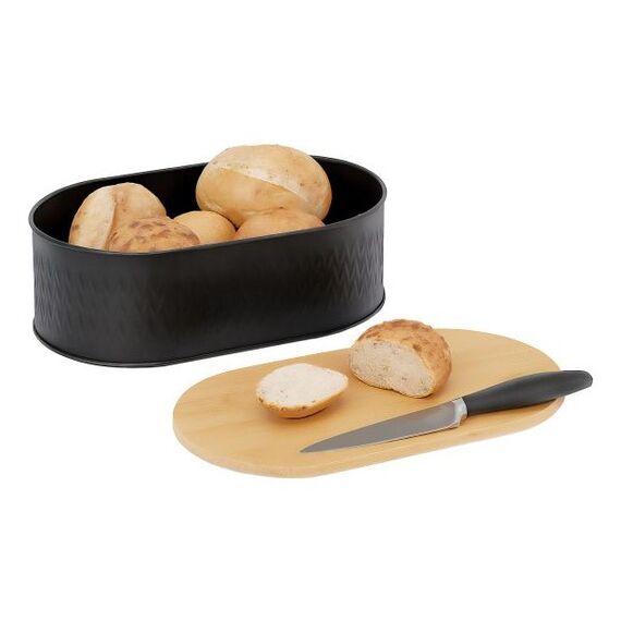 Relaxdays mit Schneidebrett Brotkasten Oval Schwarz, Natürlich/Natur Bambus, Metall