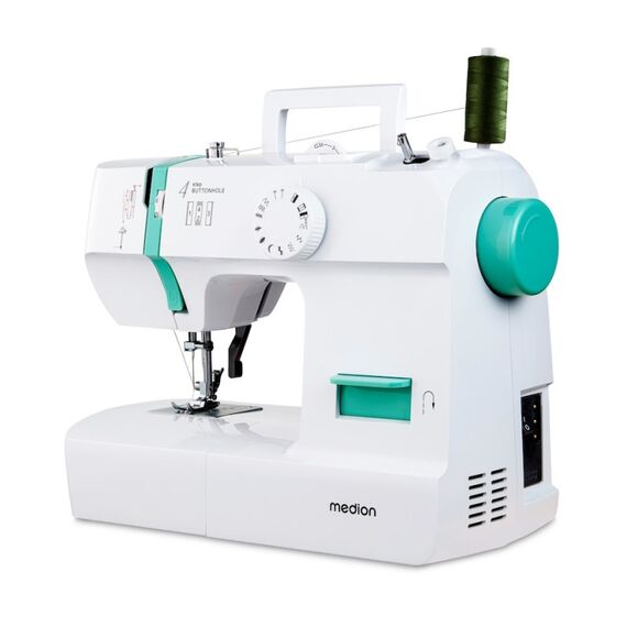 MEDION LIFE Nähmaschine SM70 (MD 11179) 12 verschiedene Stickmuster, 4-Stufen-Knopfloch, einstellbare Stichlänge, 70-Watt-Motorleistung, Farbe: Türkis, Weiß