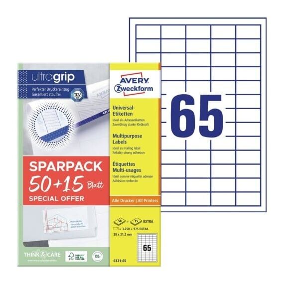 Avery 6121-65 selbstklebendes Etikett Rechteck Permanent Weiß 4225 Stück(e)