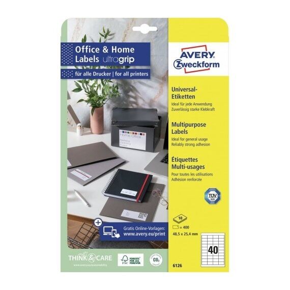 Avery 6126 selbstklebendes Etikett Rechteck Permanent Weiß 400 Stück(e)