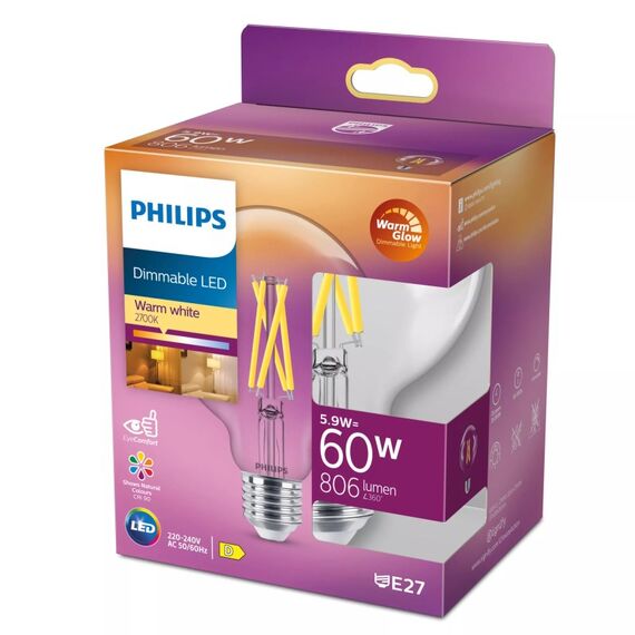 Philips Filament-Lampe transparent 60W G95 E27, 2 image