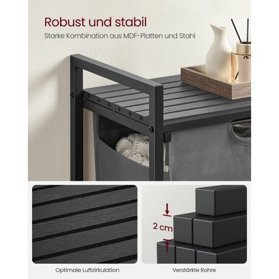 Vasagle BLH101G01 Wäschekorb 65 l Rechteckig Stoff, MDF-Platten, Stahl Schwarz, Grau, 4 image