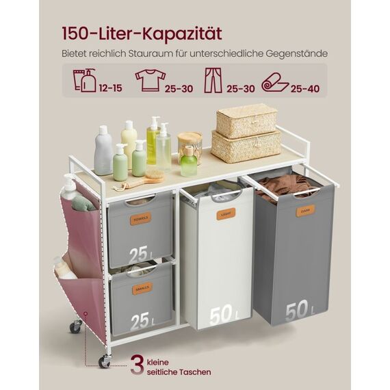 Vasagle BLH203G01 Wäschekorb 150 l Rechteckig Spanholzplatte, Oxford, Stahl Beige, Grau, Weiß, 3 image