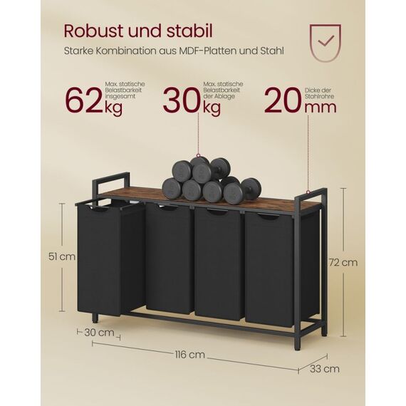 Vasagle BLH401B01 Wäschekorb 140 l Rechteckig Stoff, MDF-Platten, Oxford, Stahl Schwarz, Braun, 4 image