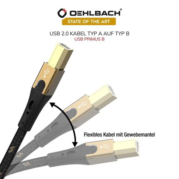 OEHLBACH USB Primus B USB Kabel USB 2.0 2 m USB A USB B 0,48 Gbit/s Schwarz, Gold, Länge: 2 m, 2 image